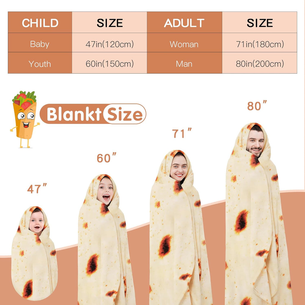 Burrito Tortilla Blanket, Double Sided Super Soft Flannel Throw, Gag Novelty Tortilla White Elephant Gift for Christmas Adults Kids Couples Parties