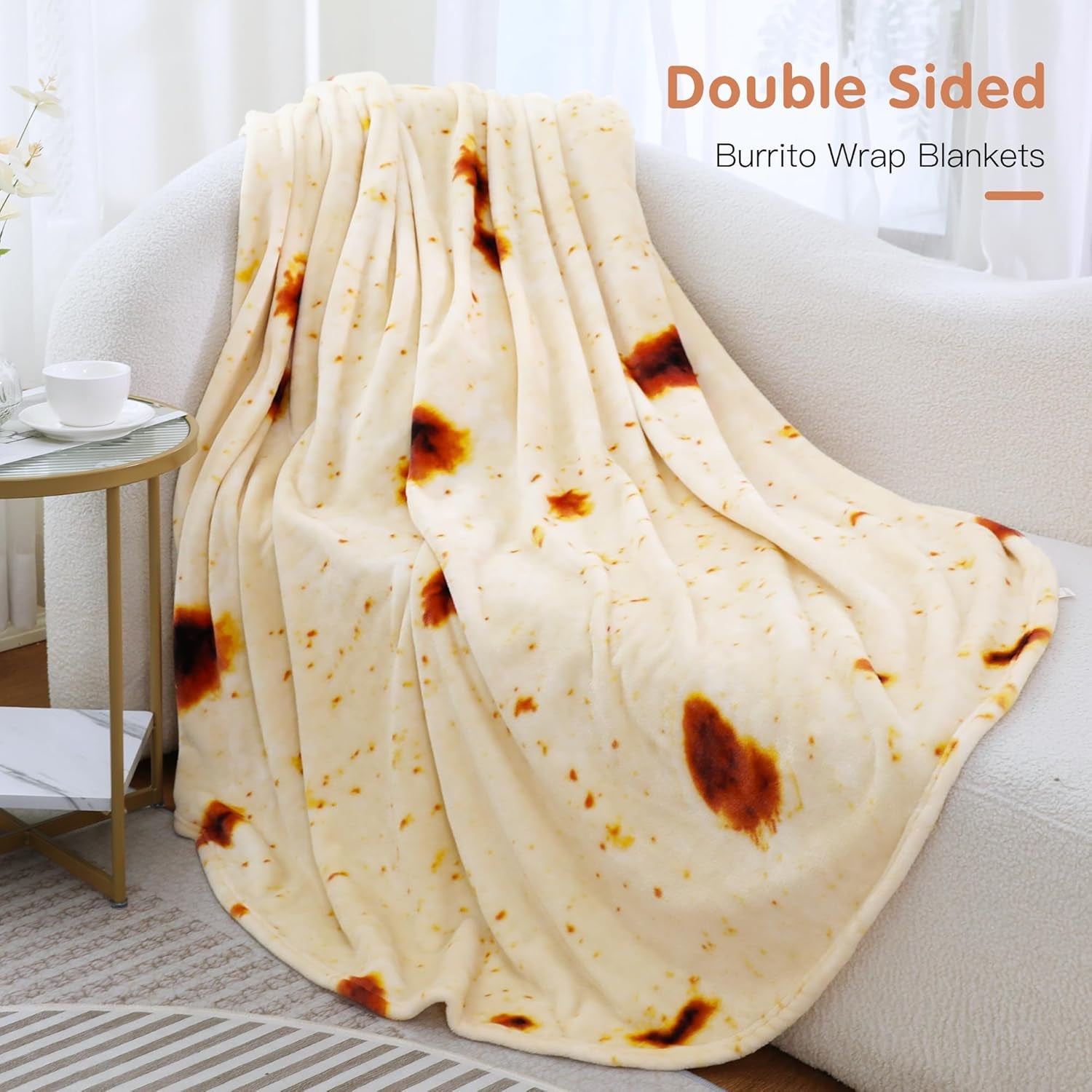 Burrito Tortilla Blanket, Double Sided Super Soft Flannel Throw, Gag Novelty Tortilla White Elephant Gift for Christmas Adults Kids Couples Parties