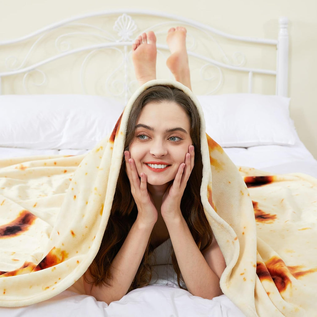 Burrito Tortilla Blanket, Double Sided Super Soft Flannel Throw, Gag Novelty Tortilla White Elephant Gift for Christmas Adults Kids Couples Parties